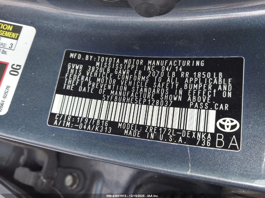 2014 Toyota Corolla Le/Le Plus/Le Premium VIN: 5YFBURHE5EP128037 Lot: 43931913