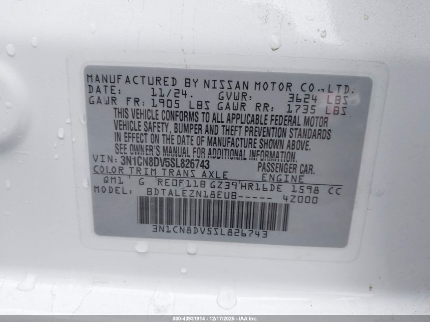 2025 Nissan Versa 1.6 S VIN: 3N1CN8DV5SL826743 Lot: 43931914