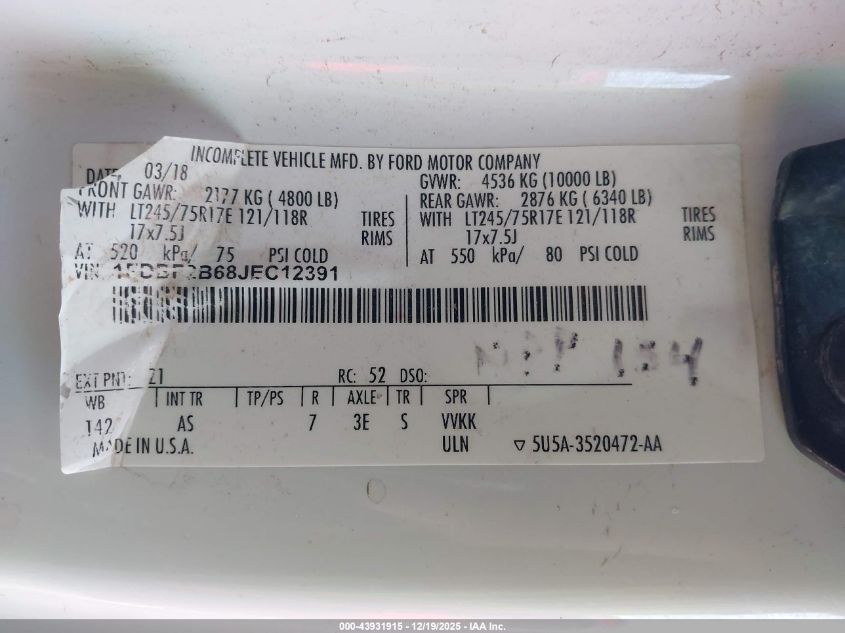 2018 Ford F-250 Xl VIN: 1FDBF2B68JEC12391 Lot: 43931915