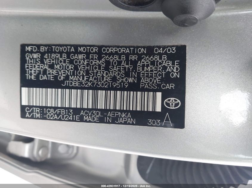 2003 Toyota Camry Le VIN: JTDBE32K730219519 Lot: 43931917