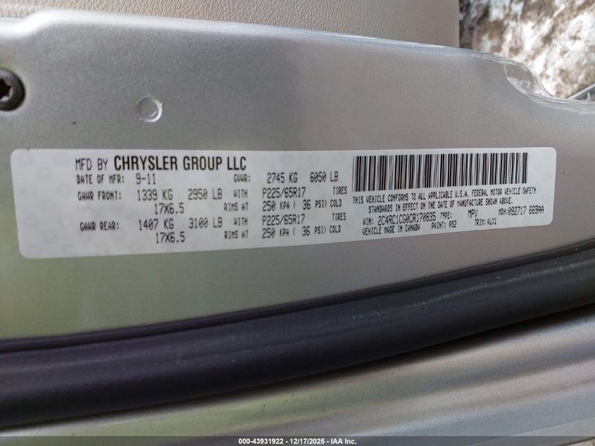 2012 Chrysler Town & Country Touring-L VIN: 2C4RC1CG0CR170835 Lot: 43931922