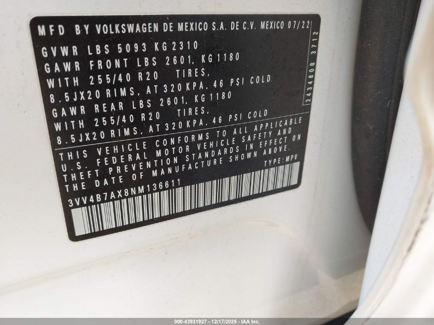 2022 Volkswagen Tiguan 2.0T Sel R-Line VIN: 3VV4B7AX8NM136611 Lot: 43931927