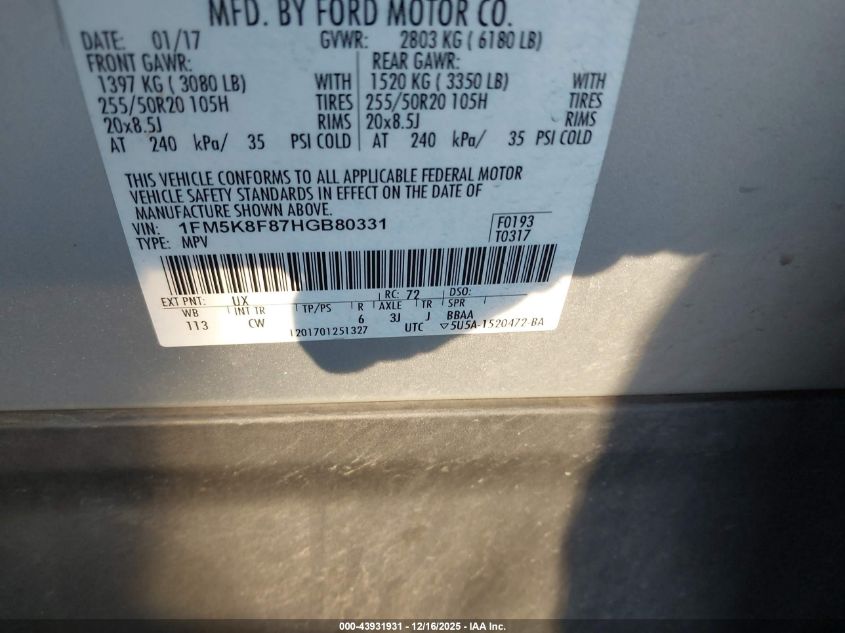 2017 Ford Explorer Limited VIN: 1FM5K8F87HGB80331 Lot: 43931931
