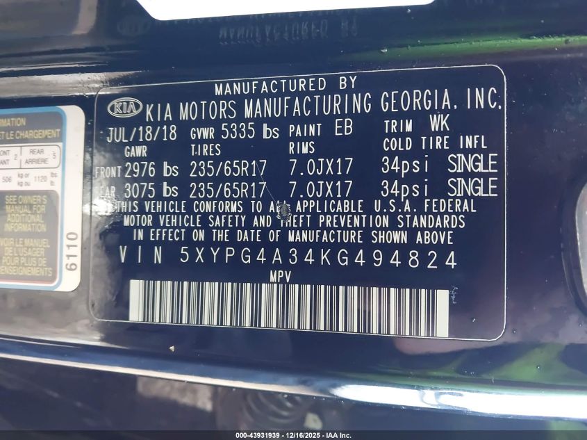 2019 Kia Sorento 2.4L Lx VIN: 5XYPG4A34KG494824 Lot: 43931939