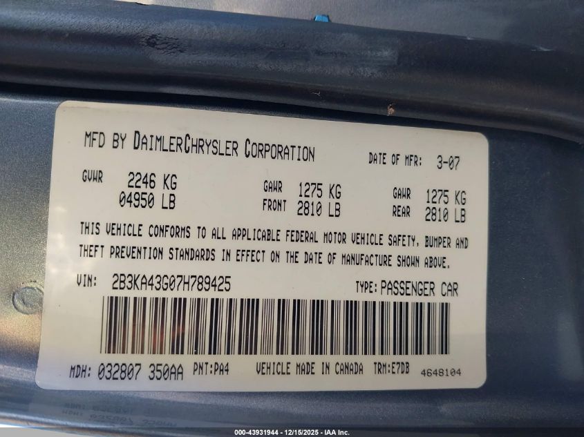 2007 Dodge Charger VIN: 2B3KA43G07H789425 Lot: 43931944