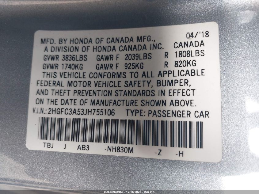 2018 Honda Civic Si VIN: 2HGFC3A53JH755106 Lot: 43931953