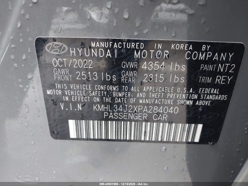 2023 Hyundai Sonata Limited VIN: KMHL34J2XPA284040 Lot: 43931956