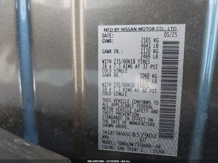 2025 Nissan Rogue Sv Fwd VIN: 5N1BT3BAXSC857902 Lot: 43931964