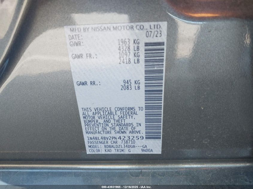 2023 Nissan Altima S Fwd VIN: 1N4BL4BV2PN423259 Lot: 43931965