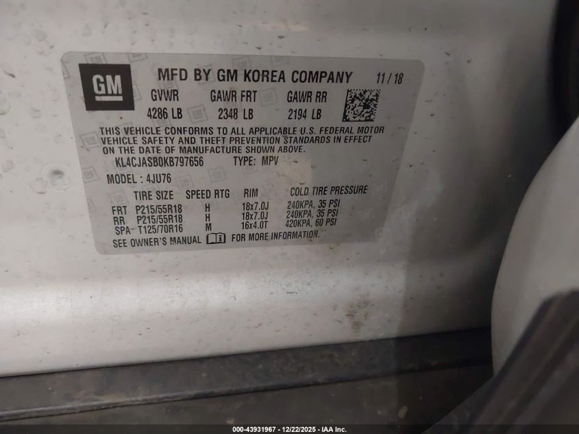 2019 Buick Encore Fwd Preferred VIN: KL4CJASB0KB797656 Lot: 43931967