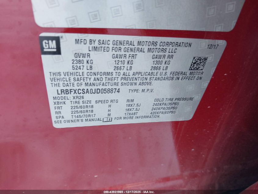 2018 Buick Envision Preferred VIN: LRBFXCSA0JD058874 Lot: 43931969