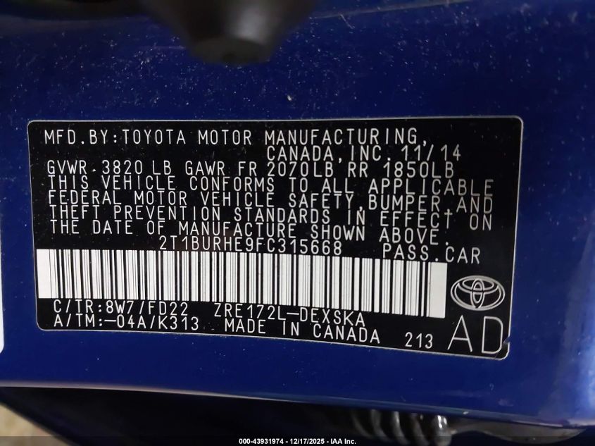 2015 Toyota Corolla S Plus VIN: 2T1BURHE9FC315668 Lot: 43931974