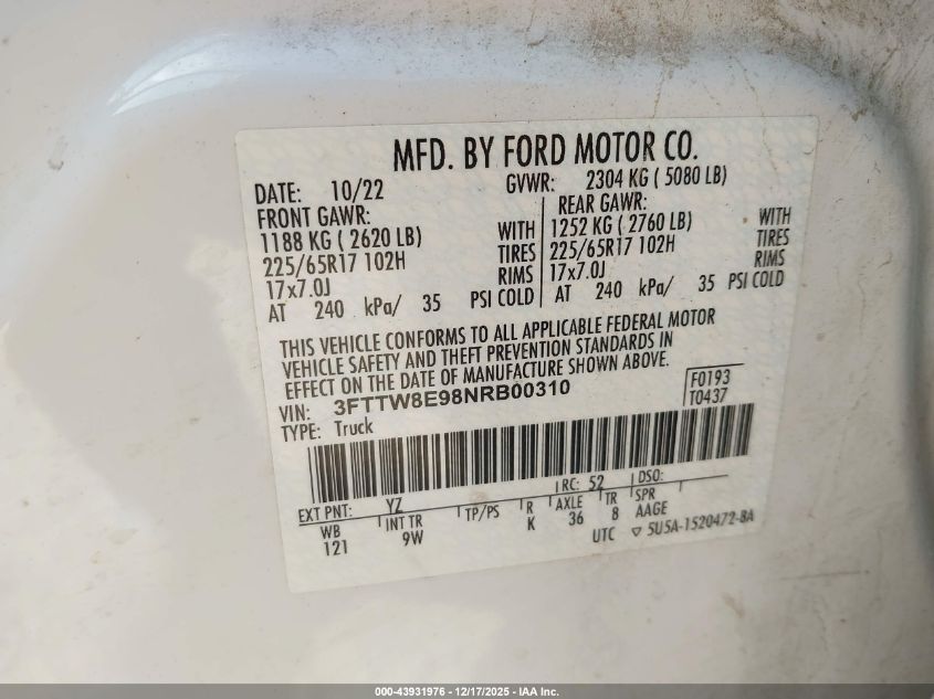 2022 Ford Maverick Xl VIN: 3FTTW8E98NRB00310 Lot: 43931976