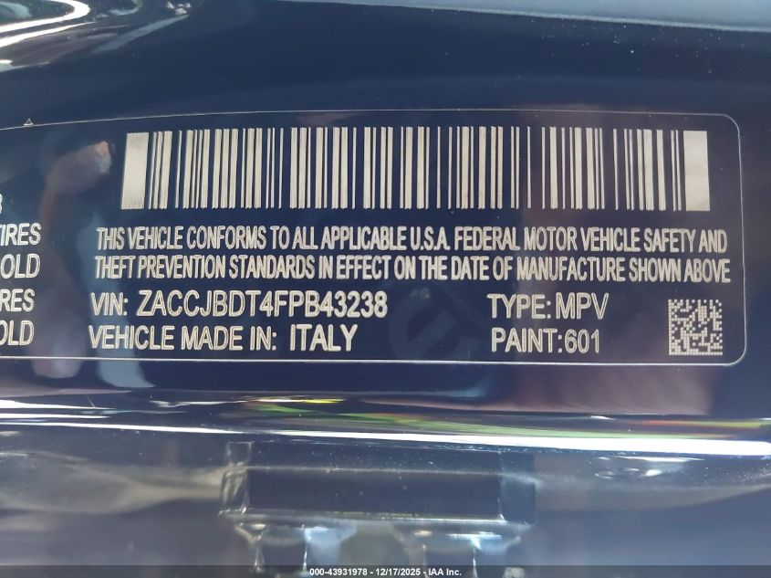 2015 Jeep Renegade Limited VIN: ZACCJBDT4FPB43238 Lot: 43931978