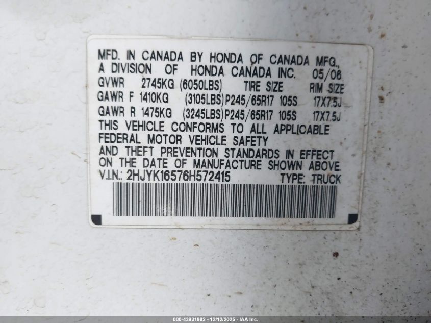 2006 Honda Ridgeline Rtl VIN: 2HJYK16576H572415 Lot: 43931982