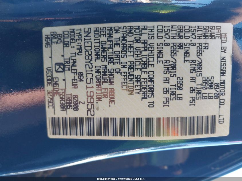 2001 Nissan Xterra Xe VIN: 5N1ED28Y21C519952 Lot: 43931984
