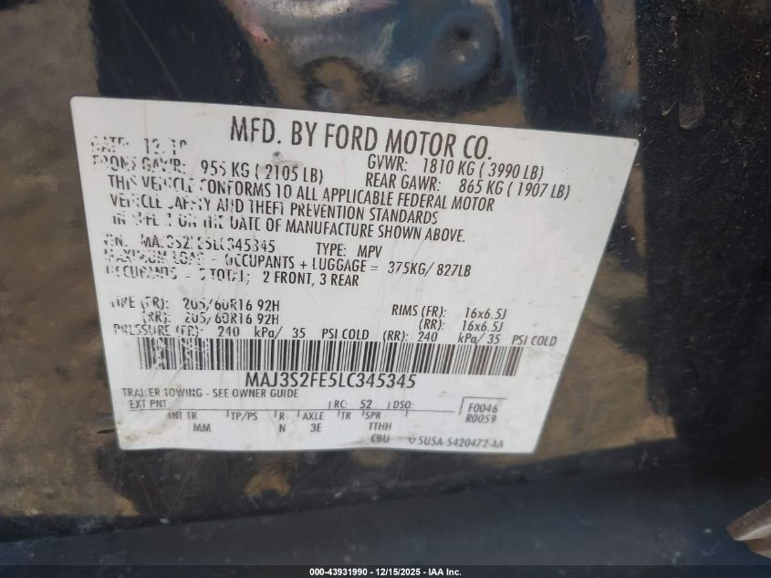 2020 Ford Ecosport S VIN: MAJ3S2FE5LC345345 Lot: 43931990