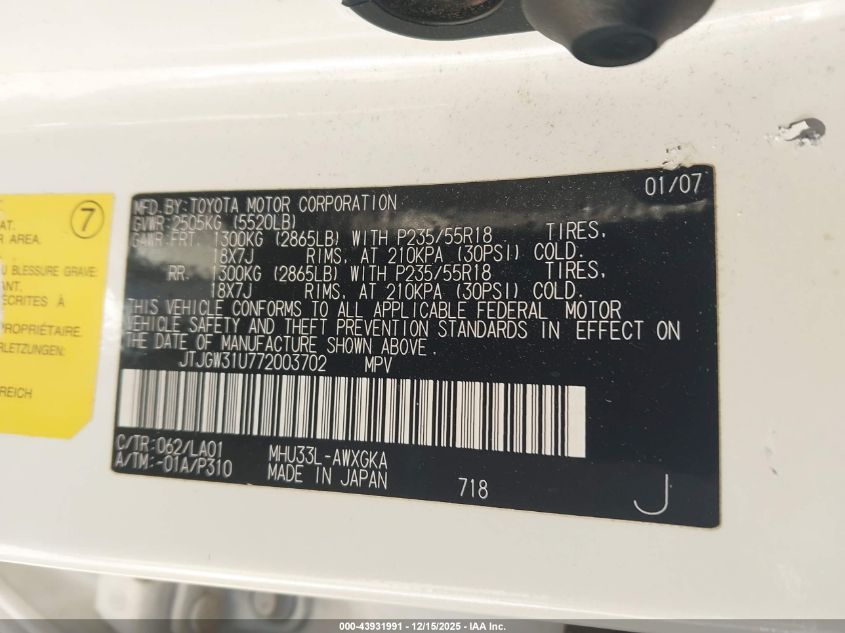 2007 Lexus Rx 400H VIN: JTJGW31U772003702 Lot: 43931991