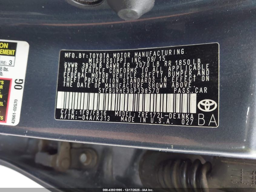 2016 Toyota Corolla Le VIN: 5YFBURHE9GP398570 Lot: 43931995