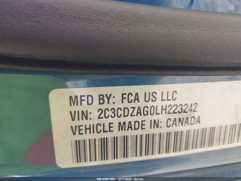 2020 Dodge Challenger Sxt VIN: 2C3CDZAG0LH223242 Lot: 43931996
