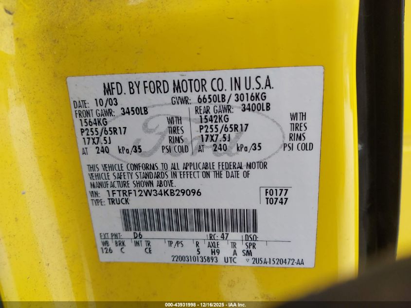 2004 Ford F-150 Stx/Xl/Xlt VIN: 1FTRF12W34KB29096 Lot: 43931998