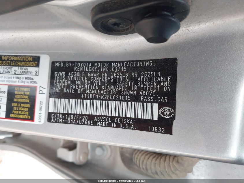 2015 Toyota Camry Se VIN: 4T1BF1FK2FU021015 Lot: 43932007