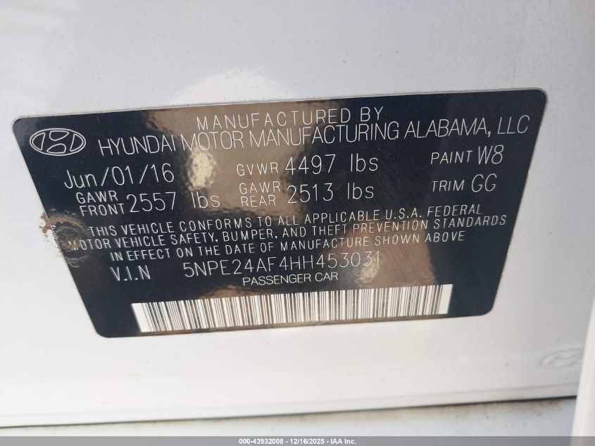 2017 Hyundai Sonata VIN: 5NPE24AF4HH453031 Lot: 43932008