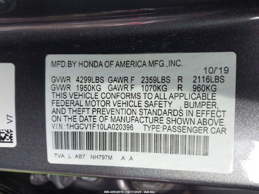 2020 Honda Accord Lx VIN: 1HGCV1F10LA020396 Lot: 43932010