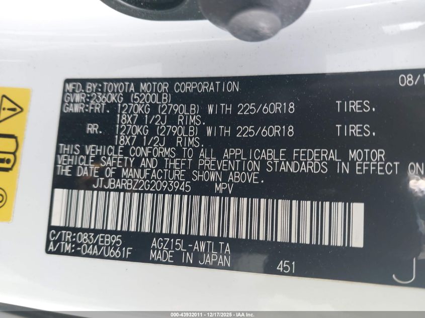 2016 Lexus Nx 200T F Sport VIN: JTJBARBZ2G2093945 Lot: 43932011