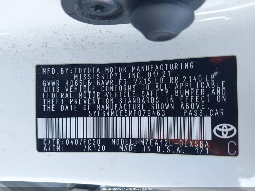 2021 Toyota Corolla Se VIN: 5YFS4MCE5MP079463 Lot: 43932017