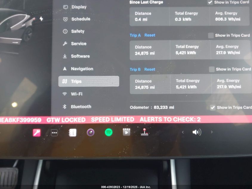 2019 Tesla Model 3 Long Range/Mid Range/Standard Range/Standard Range Plus VIN: 5YJ3E1EA8KF399959 Lot: 43932023