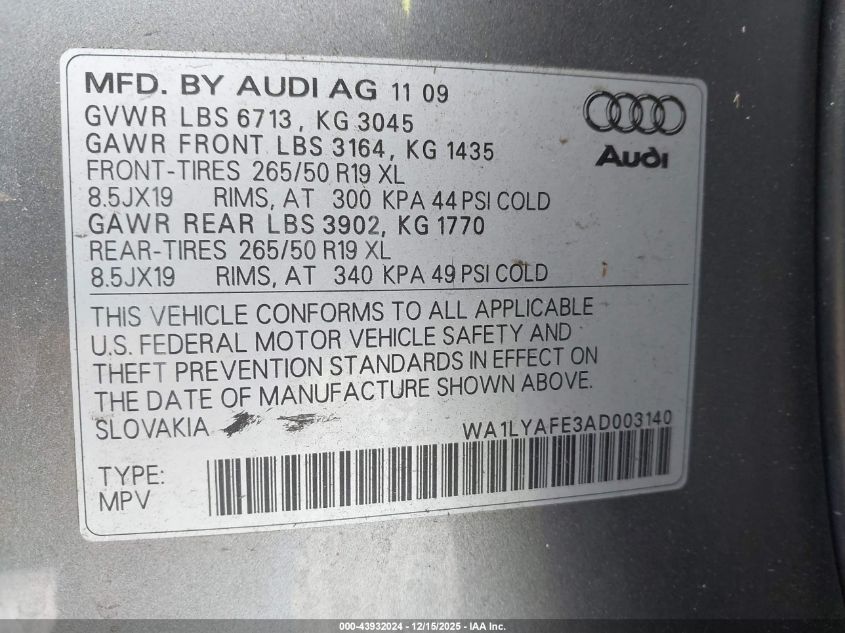 2010 Audi Q7 3.6 Premium VIN: WA1LYAFE3AD003140 Lot: 43932024