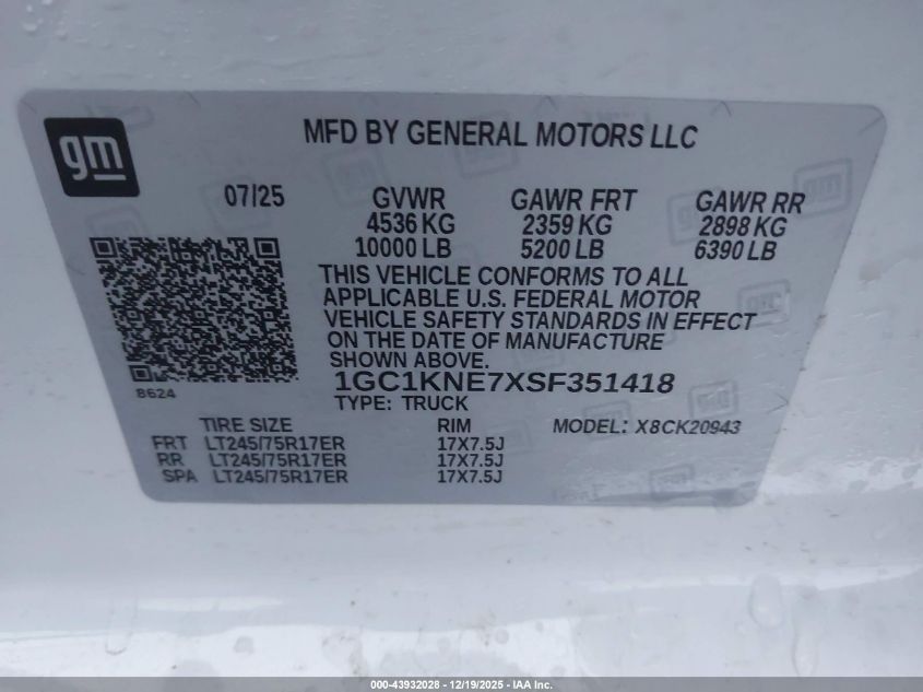 2025 Chevrolet Silverado 2500Hd 4Wd Long Bed Lt VIN: 1GC1KNE7XSF351418 Lot: 43932028