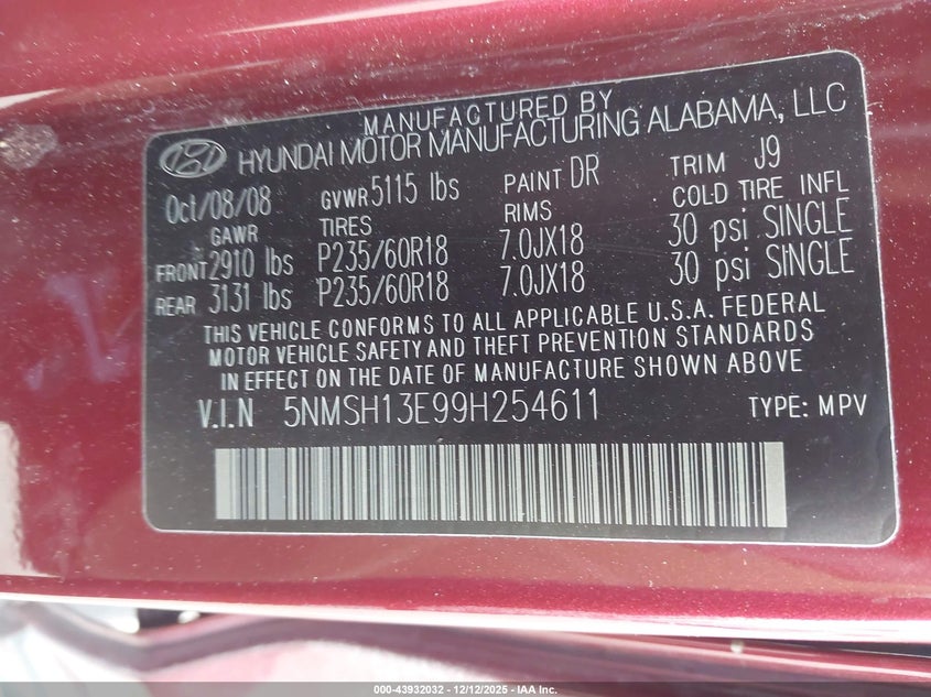 5NMSH13E99H254611 2009 HYUNDAI SANTA FE photo no. 9