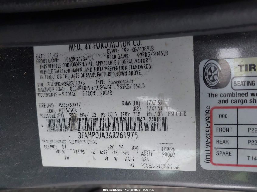 2010 Ford Fusion Sel VIN: 3FAHP0JA3AR261975 Lot: 43932033