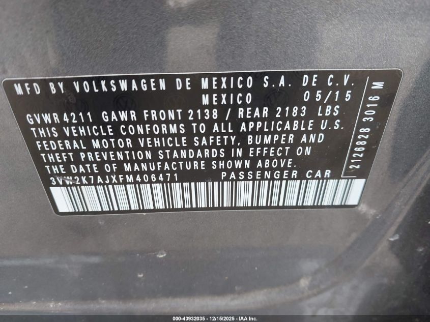 2015 Volkswagen Jetta 2.0L S VIN: 3VW2K7AJXFM406471 Lot: 43932035
