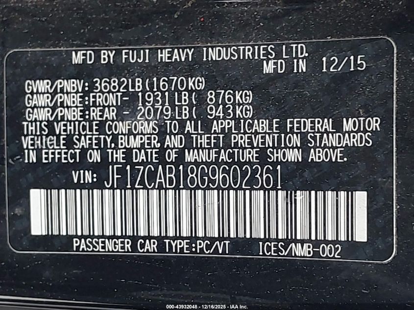 2016 Subaru Brz Premium VIN: JF1ZCAB18G9602361 Lot: 43932048