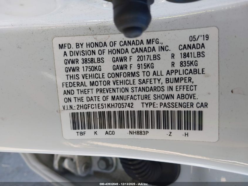 2019 Honda Civic Si VIN: 2HGFC1E51KH705742 Lot: 43932049