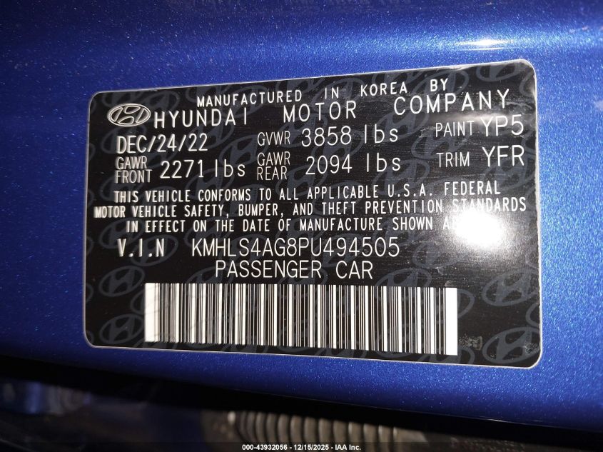 2023 Hyundai Elantra Sel VIN: KMHLS4AG8PU494505 Lot: 43932056