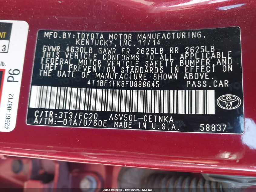 2015 Toyota Camry Le VIN: 4T1BF1FK8FU888645 Lot: 43932058