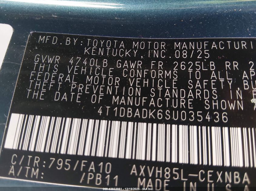 2025 Toyota Camry Le VIN: 4T1DBADK6SU035436 Lot: 43932061