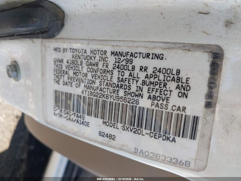 2000 Toyota Camry Ce VIN: 4T1BG22K6YU956226 Lot: 43932063