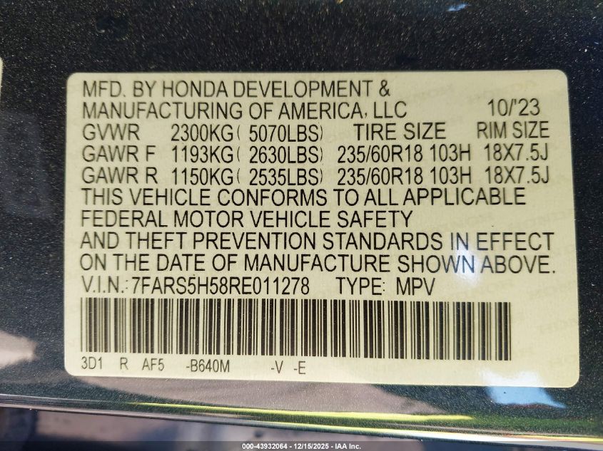 2024 Honda Cr-V Hybrid Sport VIN: 7FARS5H58RE011278 Lot: 43932064