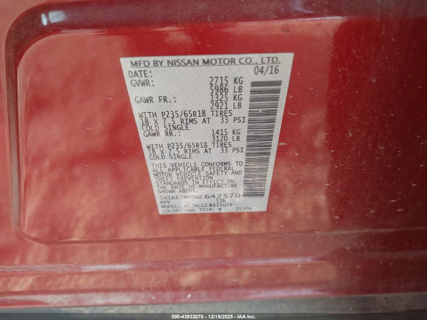 2016 Nissan Pathfinder Sl VIN: 5N1AR2MM9GC647570 Lot: 43932070