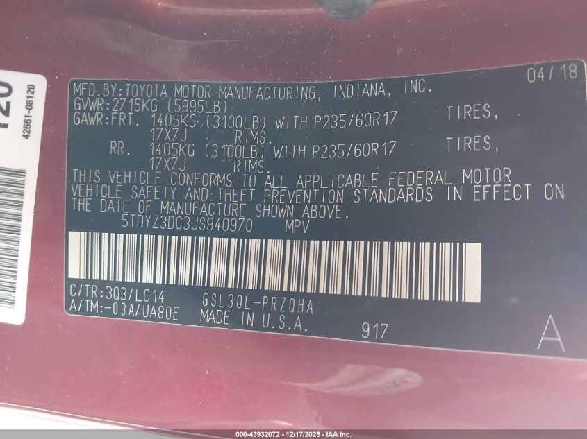 2018 Toyota Sienna Xle 8 Passenger VIN: 5TDYZ3DC3JS940970 Lot: 43932072