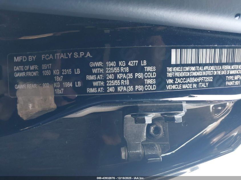 2017 Jeep Renegade Altitude Fwd VIN: ZACCJABB4HPF72502 Lot: 43932076