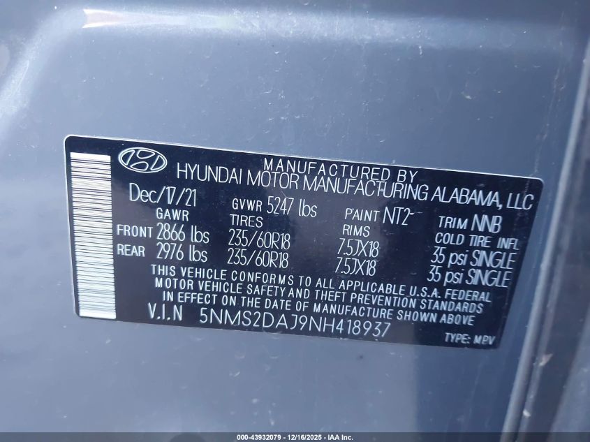 2022 Hyundai Santa Fe Sel VIN: 5NMS2DAJ9NH418937 Lot: 43932079