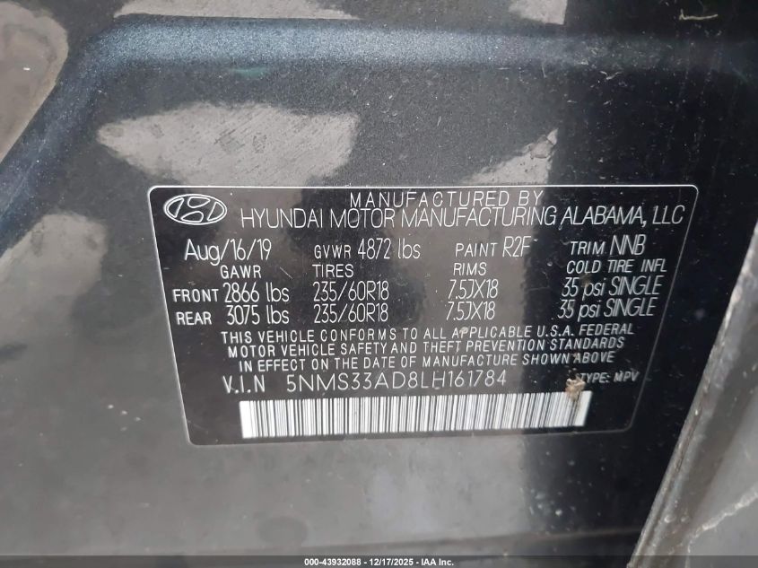 2020 Hyundai Santa Fe Sel VIN: 5NMS33AD8LH161784 Lot: 43932088