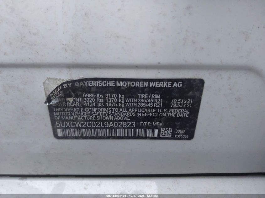 2020 BMW X7 xDrive40I VIN: 5UXCW2C02L9A02823 Lot: 43932101