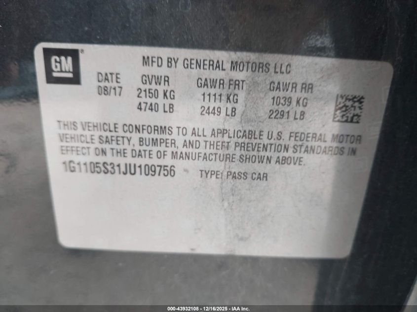 2018 Chevrolet Impala Lt VIN: 1G1105S31JU109756 Lot: 43932108